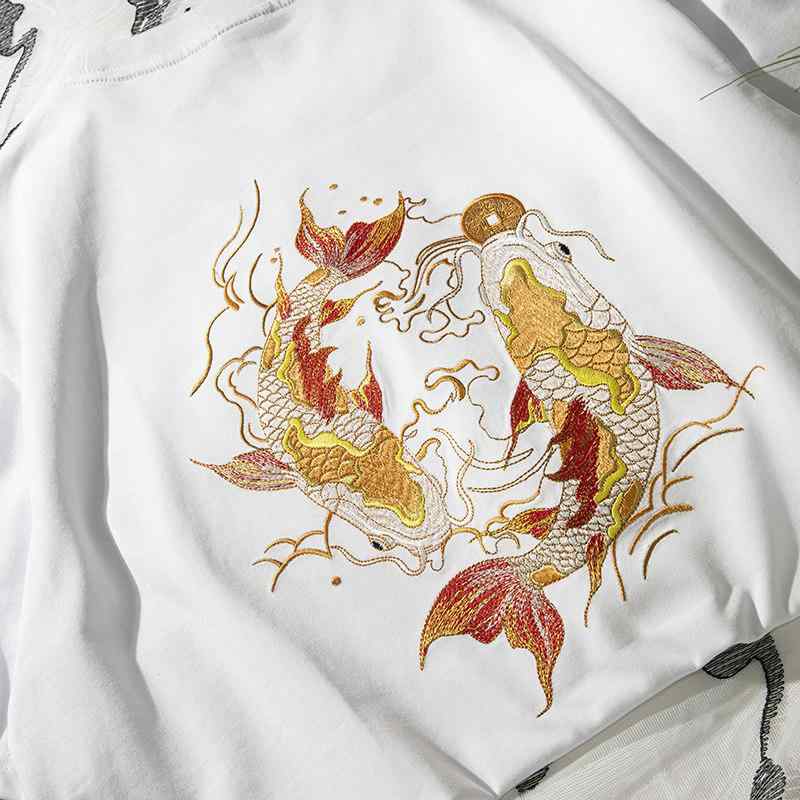 乐天商城 - メンズ クルーネック 短袖 Tシャツ 錦鯉 刺繍 綿100% トップス カジュアル ラッキー 日常使い 軽量 吸湿速乾