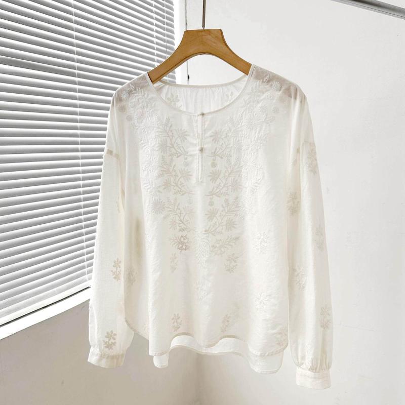 レディース 刺繍シャツ フランス風 レトロ コットン 花柄 ゆったり フィット 丸領 ホワイト カジュアル トップス 日常使い ソフトタッチ 高級感 手刺繍風