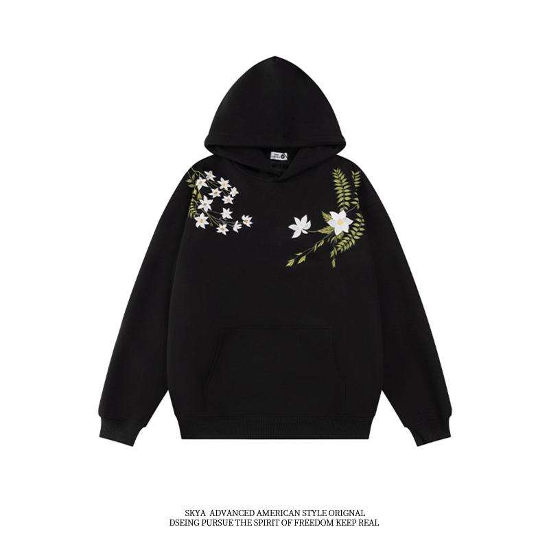 樂天商城 - パーカー メンズ レディース オーバーサイズ フード付き 花柄刺繍 ゆったり アメリカンスタイル ストリート 秋冬 カジュアル アウトドア 普段使い 軽量 コットン混 ブラック系 グレー系