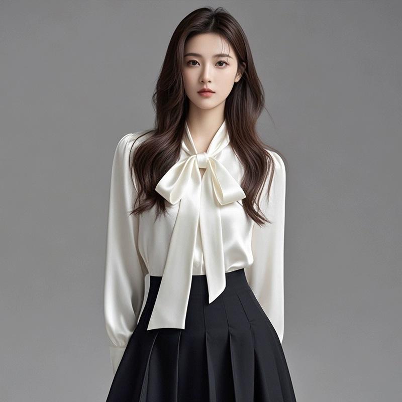 シャツ 女性用 長袖 職業 通勤 春夏 秋冬 白 トップス 気質 デザイン 蝶結び リボン 装飾 軽量 綿素材 伸縮性 高級感 フレア袖 女性らしい シルエット フォーマル 普段使い スタイリッシュ ブラウス シャツ