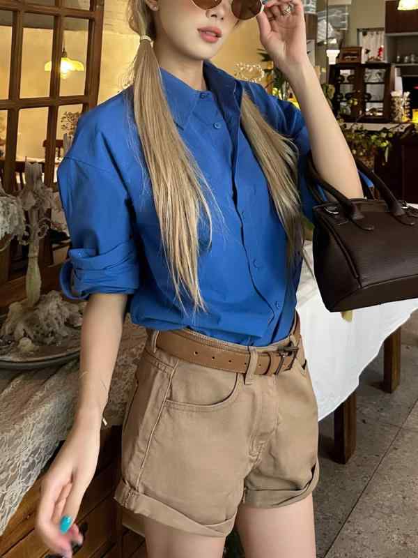 乐天商城 - 長袖 シャツ 女性用 韓国 春夏 トップス クライン ブルー プルシアン ブルー 軽量 綿素材 スタイリッシュ 普段使い ブラウス レイヤード 可能