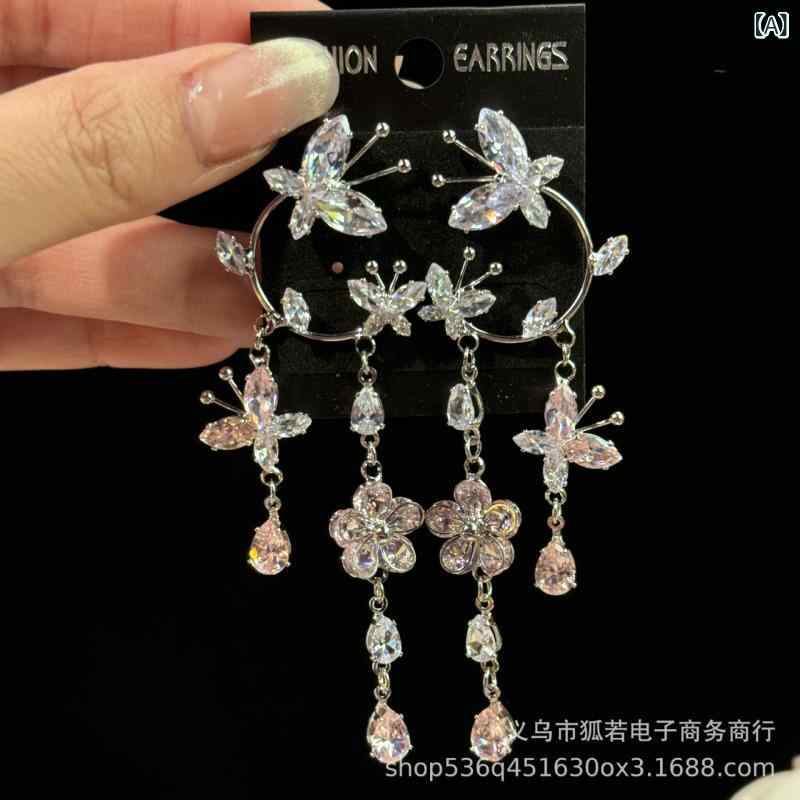Chromium - ピアス 女性用 かわいい デザイン ピンク 白 ジルコニア 蝶 花 モチーフ 流蘇 イヤリング 軽量 普段使い 春夏 アクセサリー