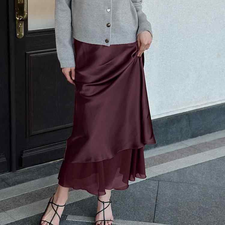 乐天商城 - スカート 女性用 春夏 切り替え チュール ダブルレイヤー デザイン タイト ロング ミディ 膝丈 膝下 膝上 ウエスト 伸縮性 軽量 普段使い 通勤 デート 花柄 無地 ブラック ネイビー ピンク グレー コットン ポリエステル 合成繊維 吸湿速乾 涼