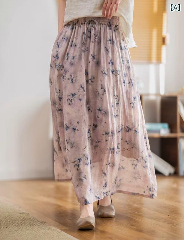 スカート 女性用 2025 夏用 復古 レイヤード プリント ミモレ丈 麻素材 ロングスカート 気質 スリム 純粋 デジタルプリント 軽量 通気性 好感度 細身 フレア ミッドナイトブルー 春夏