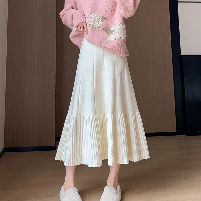 樂天商城 - ニット プリーツ スカート レディース 秋冬 高腰 スリム Aライン 中長丈 ロングスカート 切り替え 再生繊維 伸縮性 暖かみ 普段使い ブラウン系 グレー系 ブラック
