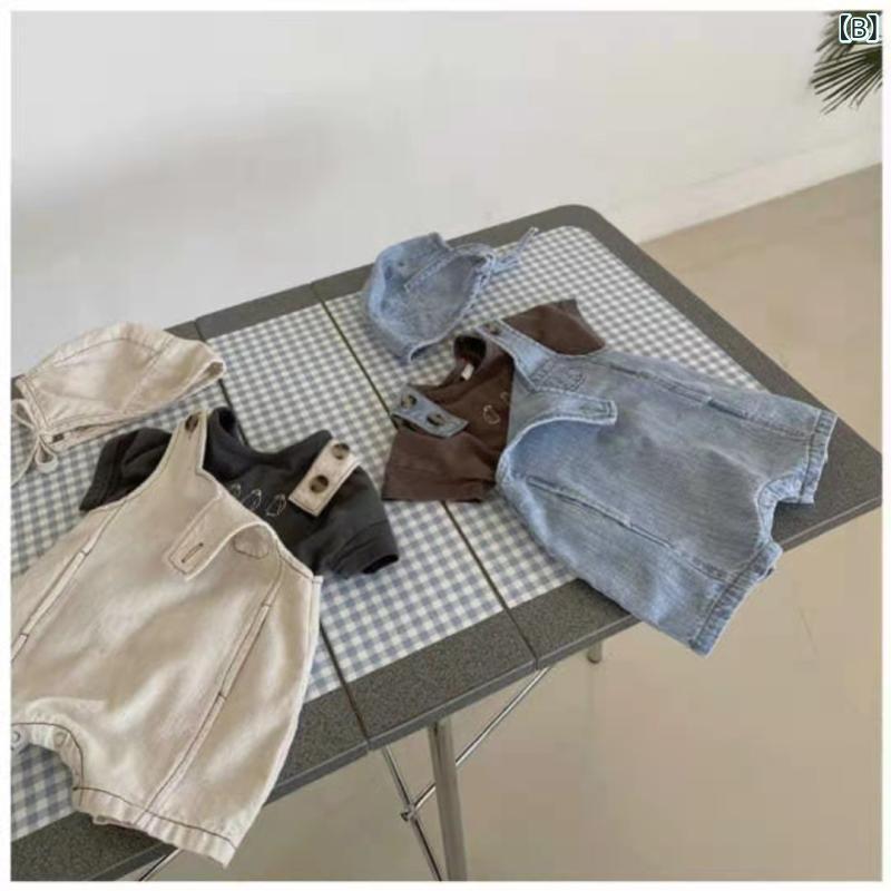 リバーパディのベビー キッズ 男女兼用 デニム 背広パンツ 連体服 無袖 キャミソール ベビー服 子供服 夏 春夏 吸湿速乾 軽量 伸縮性 通気性 普段使い カジュアル アイボリー ブルー ピンク系 ビッグシルエット ハイウエスト｜アングル3