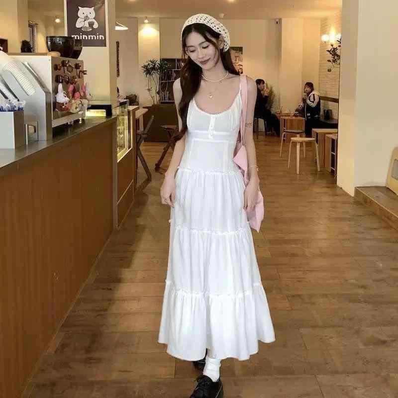 ワンピース 女性用 春夏 大きいサイズ 法式 優しい 吊り帯 スカート 海辺 休暇 スタイル スリム 甘め 軽量 伸縮性 接触冷感 綿混 フレア ミディ丈 ブラック ピンク系 アイボリー