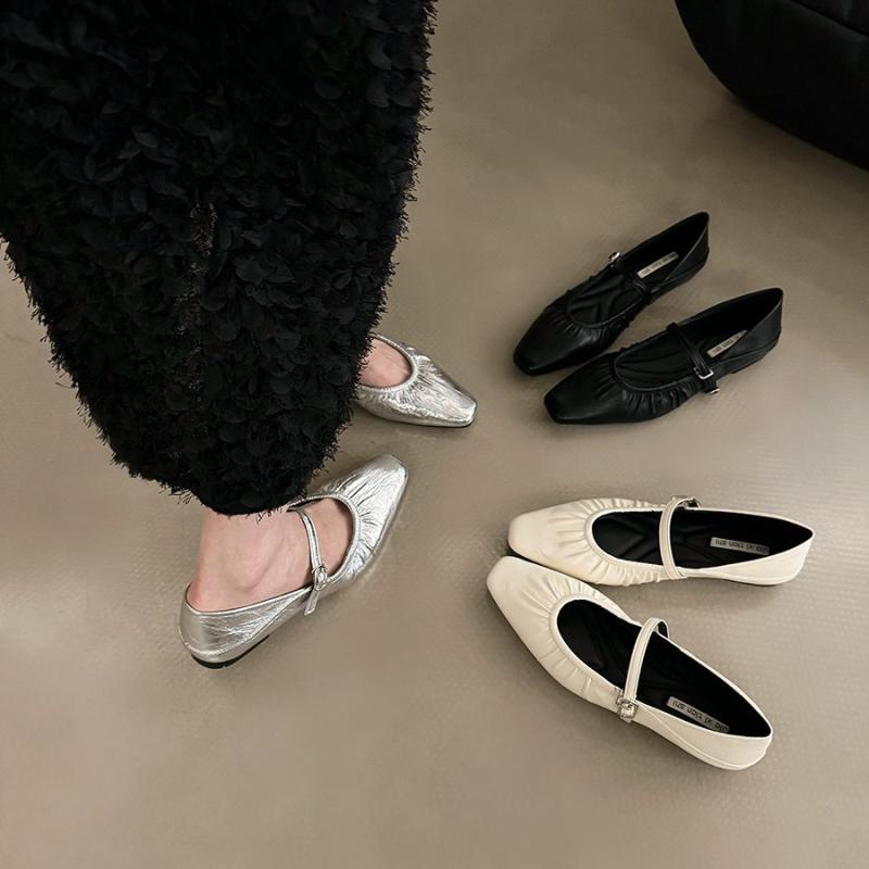 Rakuten - フラットシューズ 女性用 銀色 フレンチスタイル 春夏 ミニマム シングル スカートコーデ メアリージェーン ローヒール 軽量 通勤 普段使い 合成素材 シンプルデザイン