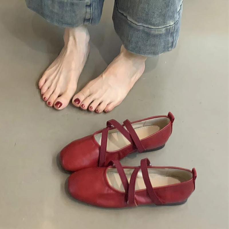 フラットシューズ 女性用 赤 メアリージェーン クロスストラップ バレエシューズ 軽量 柔軟素材 春夏 かわいい 普段使い ローヒール ダンス 快適 足元おしゃれ(4.0)