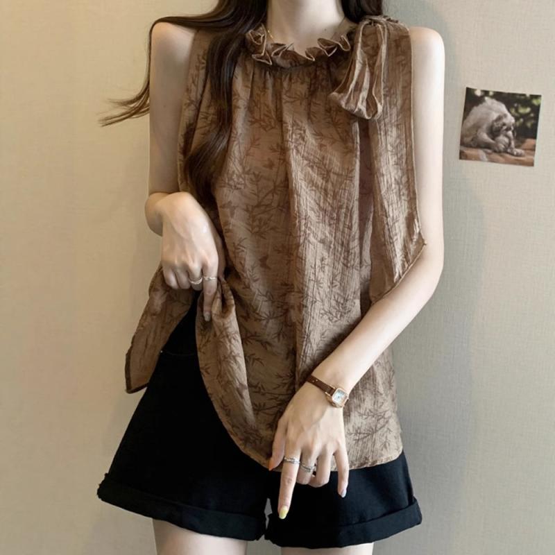 Camisoles - レディース ビッグサイズ 法式 ハンギングネック ノースリーブ 背心 夏 トップス かわいい 吊り下げ 肩紐 ブラウス 切り替え デザイン 腹部カバー ゆったり シルエット 接触冷感 吸湿速乾 再生繊維 軽量 通勤 普段使い ブラック ピンク系 アイボリ