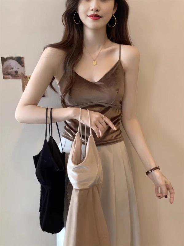 Camisoles - 秋冬 トップス 女性用 大きいサイズ ベルベット 吊り下げ キャミソール 細見え 胸パッド インナー レイヤード ブラック ピンク系 アイボリー 伸縮性 暖かみ バックスタイル ゆったりシルエット 普段使い 通勤用