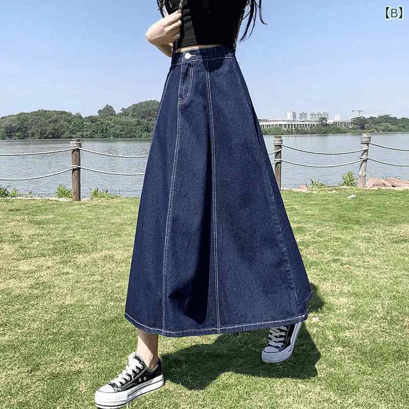 リバーパディのレディース スカート ハイウエスト デニム ロング丈 ゆったり 細見え Aライン ワイド フレア 夏用 カジュアル 普段使い ストレッチ 素材 吸湿速乾｜アングル2