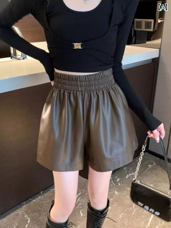 リバーパディのレディース ショートパンツ 秋冬 メンズ 女性用 高腰 Aライン 梨型体型 スリム効果 ワイドレッグ 膝下丈 合皮 レザー ストレッチ 軽量 ブラック ピンク系 アイボリー 普段使い 通勤用 伸縮性 吸湿速乾 ビッグシルエット ハイウエスト｜アングル2