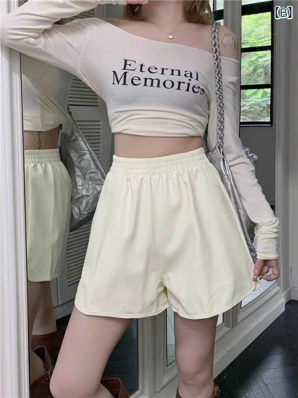リバーパディのレディース ショートパンツ 秋冬 メンズ 女性用 高腰 Aライン 梨型体型 スリム効果 ワイドレッグ 膝下丈 合皮 レザー ストレッチ 軽量 ブラック ピンク系 アイボリー 普段使い 通勤用 伸縮性 吸湿速乾 ビッグシルエット ハイウエスト｜アングル3