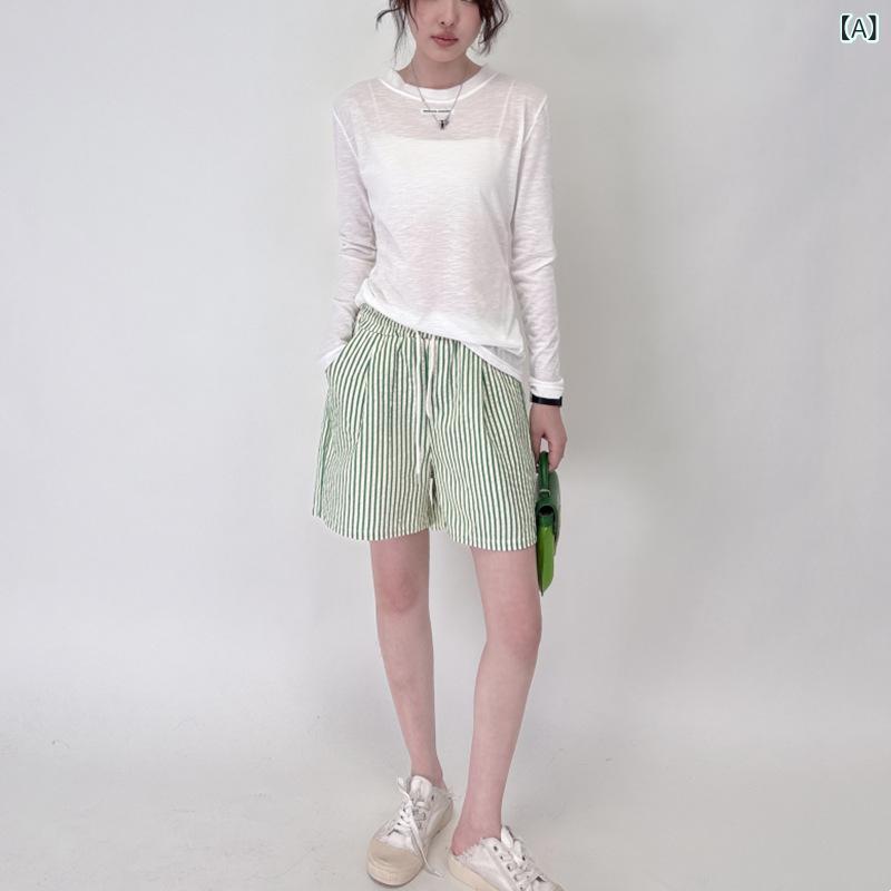 パンツ レディース 春夏 縦ストライプ ショートパンツ 薄手 高腰 ワイドレッグ スリム効果 ポケット付き ゆったり 普段使い 軽量 綿混 伸縮性 カジュアルスタイル ブラック グレー ベージュ デイリーウェア riverpaddy-11368684 リバーパディ サンプル画像2