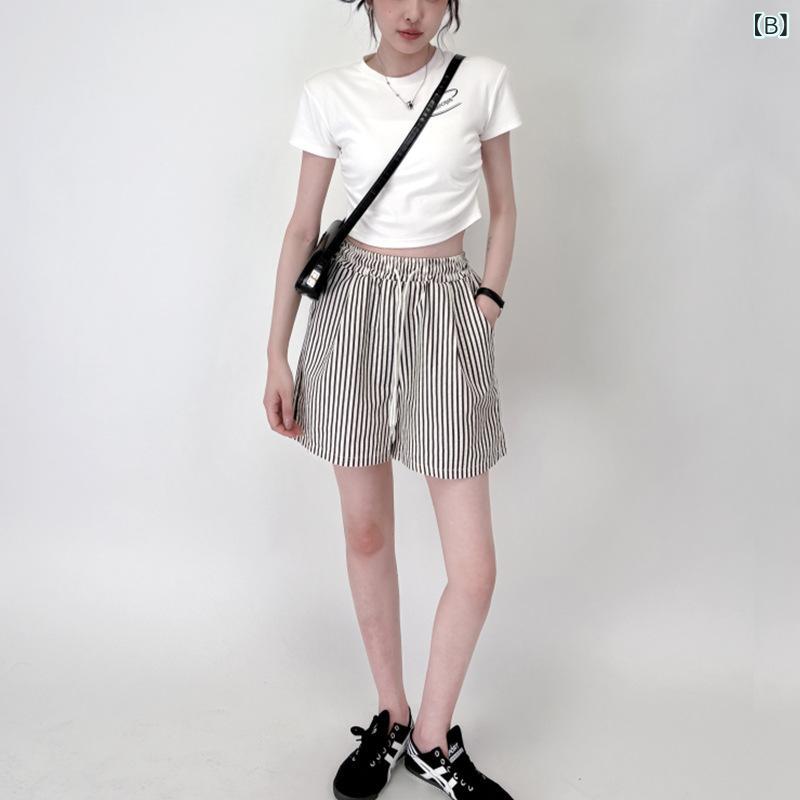 パンツ レディース 春夏 縦ストライプ ショートパンツ 薄手 高腰 ワイドレッグ スリム効果 ポケット付き ゆったり 普段使い 軽量 綿混 伸縮性 カジュアルスタイル ブラック グレー ベージュ デイリーウェア riverpaddy-11368684 リバーパディ サンプル画像3