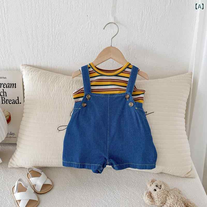 セットアップ ベビー 子供服 キッズ 男女兼用 夏物 上下セット デニム オーバーオ...
