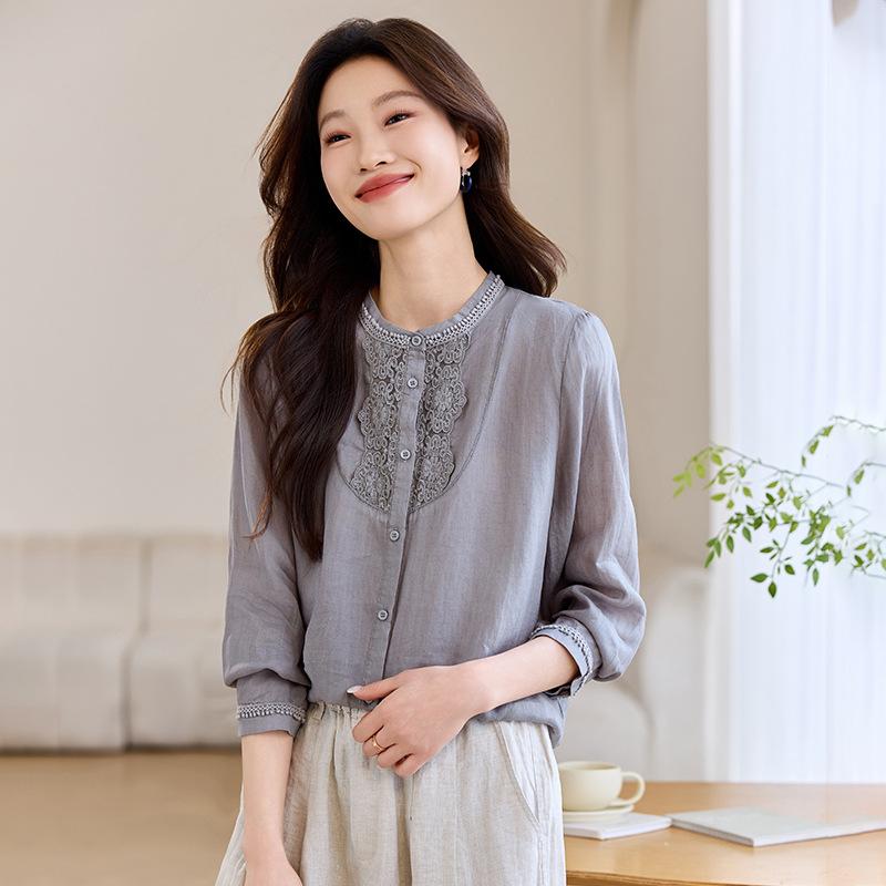 上衣 女性用 春夏 軽薄 透気 綿麻 麻 トップス ワンピース 2025 新款 春装 ゆったり 長袖 苧麻 シャツ 女性用 春夏 軽量 吸湿速乾 伸縮..