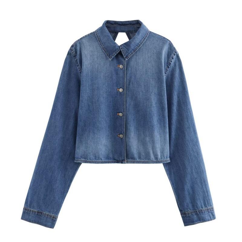 春夏 女性用 牛仔 シャツ トップス 長袖 翻領 シングルブレスト ボタン 切り替え デザイン バックオープン ウエストベルト デニム 素材 伸縮性 軽量 通勤 普段使い カジュアル スタイル ブラック ブルー アイボリー