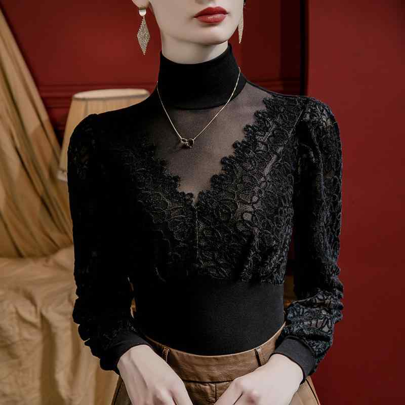樂天商城 - トップス 女性用 秋冬 切り替え レース スタンドカラー ブラウス ランタンスリーブ シフォン ロングスリーブ 軽量 伸縮性 レイヤード トップス 部屋着 通勤用 普段使い ベーシック スタイリッシュ ブラック グレー ネイビー アイボリ