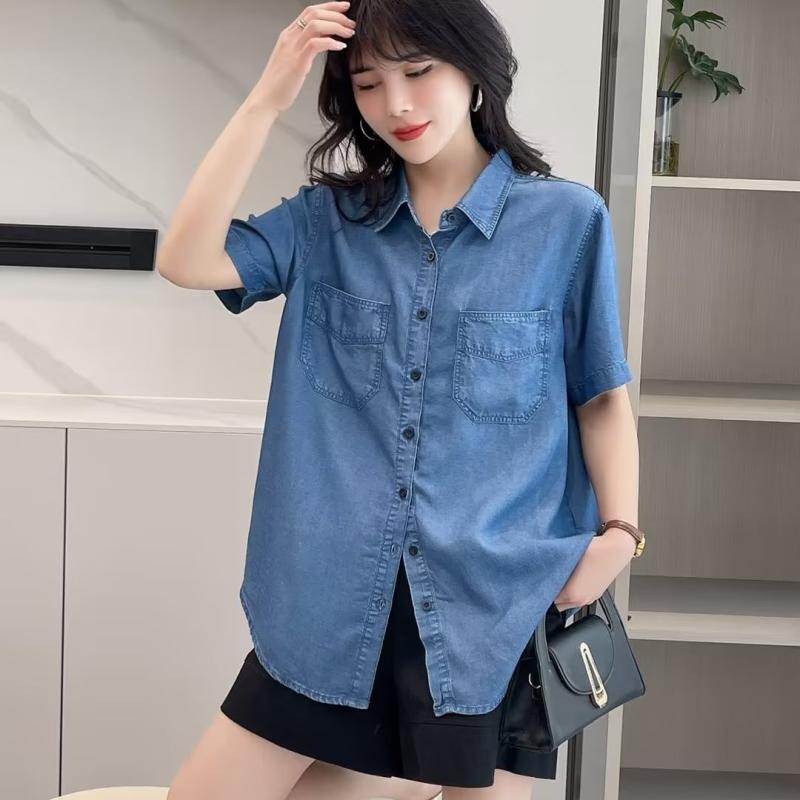 Other - 春夏 レディース トップス シャツ 短袖 牛仔 デニム 天丝 接触冷感 薄手 軽量 ワイド ゆったり シルエット ドレープ 感 垂感 カジュアル 普段使い 部屋着 切り替え デザイン ブラック ピンク系 アイボリー 綿 混 再生繊維 吸湿速乾 伸縮性 通