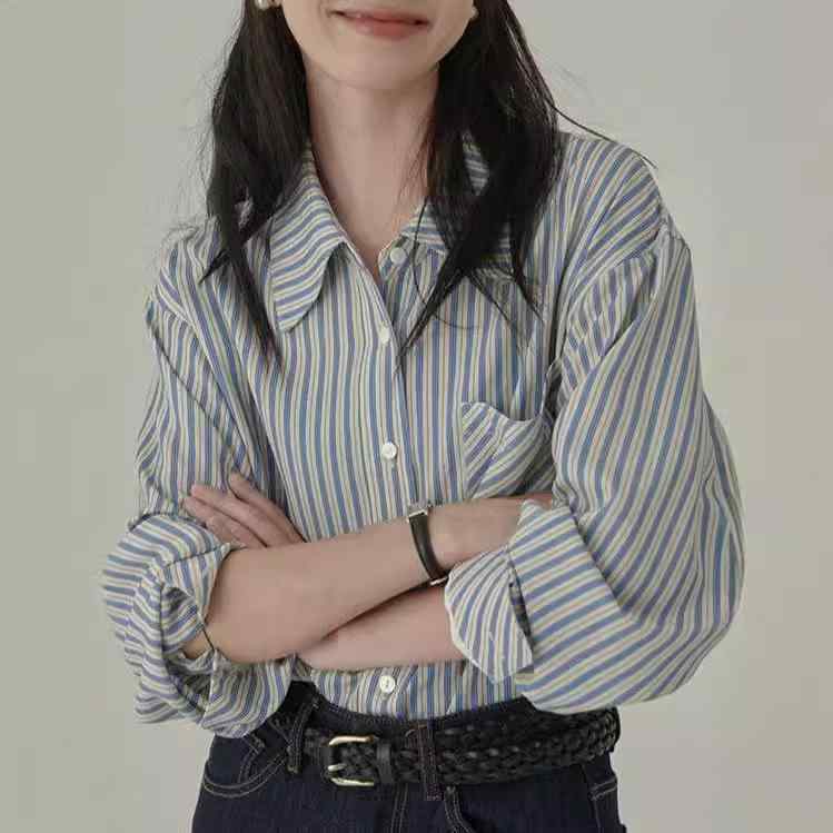 長袖 シャツ 女性用 韓国 ガーリー 条紋 トップス ゆったり シルエット コットン 混 ブラウス 普段使い 通勤 スタイル 軽量 素材 伸縮性