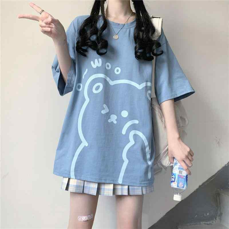 レディース トップス 短袖Tシャツ 学生向け 韓国 日系 かわいい 丸首 上衣 春夏 コットン 軽量 伸縮性 吸湿速乾 ブラック ピンク系 通学用 普段使い ビッグシルエット Vネック