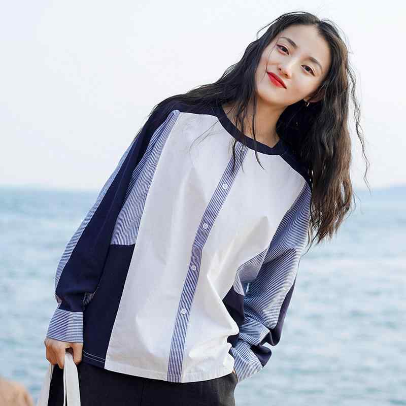 乐天商城 - トップス 女性用 春夏 丸首 切り替え 長袖 Tシャツ 韓国 ファッション プルオーバー ゆったり 伸縮性 綿素材 軽量 通勤 普段使い 部屋着 ビッグシルエット Vネック ブラック ピンク系 アイボリー 吸湿速乾