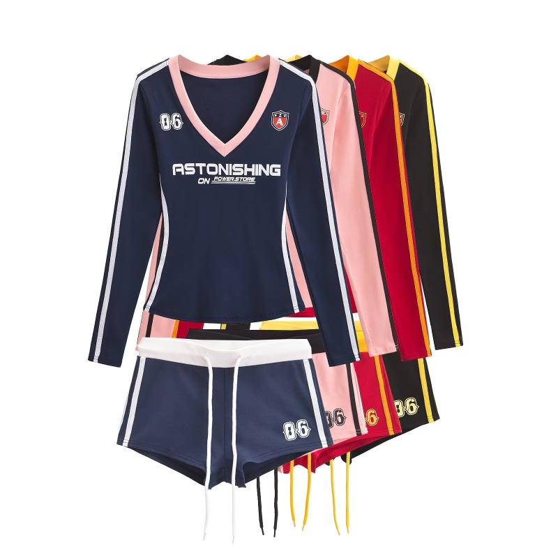 Rakuten - トップス 女性用 Vネック 切り替え プリント 長袖 Tシャツ 春夏 運動 フィット スリム ショートパンツ ホットパンツ セット 綿素材 吸湿速乾 軽量 伸縮性 ブラック ピンク系 アイボリー カジュアルスタイル 通勤用 普段使い アウトドア