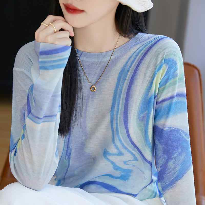 Rakuten - トップス レディース 接触冷感 長袖 Tシャツ インナー 薄手 ファッション タイダイ レイヤード 春夏 秋冬 再生繊維 丸首 ニット 軽量 伸縮性 吸湿速乾 ブラック グレー ピンク系 アイボリー カジュアル 普段使い 通勤用 アウトドア