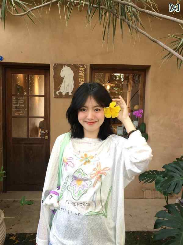 レディース トップス 花柄 グラフィティ プリント 春夏 マイクロ透け 防晒 軽量 伸縮性 吸湿速乾 接触冷感 綿素材 半袖 シャツ ブラウス インナー 部屋着 通勤用 普段使い カジュアルスタイル ブラック ピンク系 アイボリー riverpaddy-11373244 リバーパディ サンプル画像2