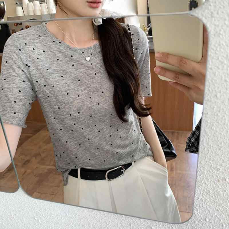 Other - Tシャツ 女性用 夏 春夏 グレー 短袖 ポルカドット柄 復古 肩幅正め ゆったりシルエット スリム効果 トップス コットン混 吸湿速乾 通勤 普段使い カジュアル