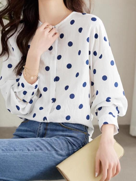 樂天商城 - トップス 女性用 春夏 秋冬 ドット柄 プリント ラウンドネック シフォン シャツ 魅惑的 個性的 上衣 ゆったり スリム ランタンスリーブ ブラウス 軽量 通勤 普段使い 伸縮性 吸湿速乾 綿混 ビッグシルエット Vネック ブラック ピンク系 アイボリ