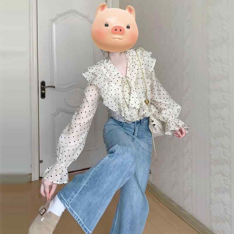 シャツ レディース 長袖 フレンチスタイル ポルカドット 蝶結び 泡袖 デザイン性 トップス ブラウス 女性用 春早春 軽やか コットン混 フェミニン シフォン加工 ゆったりシルエット かわいい 普段使い 通勤対応