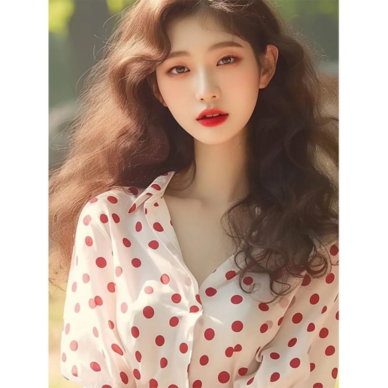乐天商城 - ブラウス 女性用 春夏 かわいい 短袖 トップス 軽量 綿素材 杏色 波点柄 フレンチスタイル カジュアル 普段使い 通勤 ビッグシルエット 伸縮性 吸湿速乾 軽やか 爽やか フェミニン