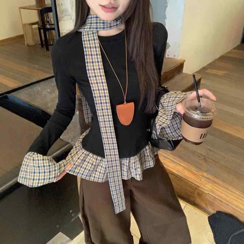 Other - トップス レディース 春夏 長袖 チェック柄 偽ツーピース インナー レイヤード 修身 スリム デザイン性 上品 軽量 伸縮性 綿混 ブラック グレー ピンク系 通勤 普段使い カジュアル