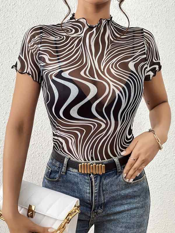Other - レディース トップス 短袖Tシャツ 網纱 プリント ストライプ レース 縁取り スリム フィット 女性用 気質 優雅 デザイン コットン 混 軽量 通勤 普段使い ブラック ピンク系 春夏 秋