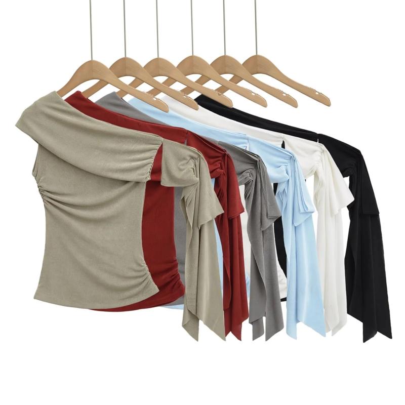 Tシャツ 女性用 夏 ワンショルダー 短袖 トップス 収腰 切り替え デザイン ウエストシェイプ スリム かわいい 気質 ピュア 欲情 軽量 ..