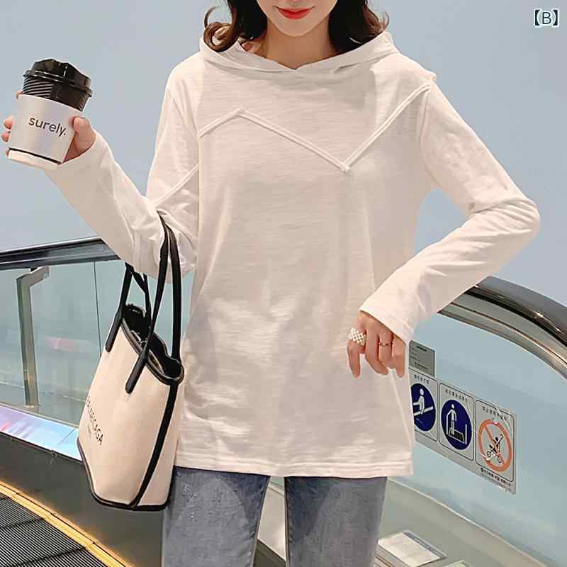 長袖Tシャツ 女性用 春夏 コットン フード付き ワイドシルエット 薄手 レイヤード トップス 吸湿速乾 ベーシック カジュアル riverpaddy-11376780 リバーパディ サンプル画像3
