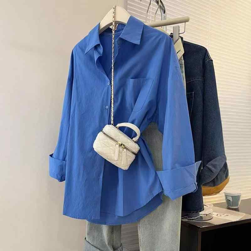 樂天商城 - シャツ レディース 秋冬 長袖 ブラウス トップス ロングスリーブ ブルー ユニーク ゆったり レイヤード 軽量 綿素材 普段使い 伸縮性 吸湿速乾 カジュアル シンプル