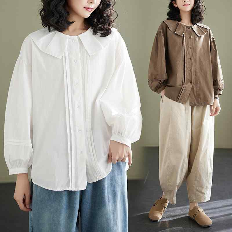 乐天商城 - シャツ レディース 春夏 ワイドシルエット ランプシェードスリーブ ゆったり スリム効果 かわいい デザイン コットン トップス 接触冷感 軽量 吸湿速乾 日常使い