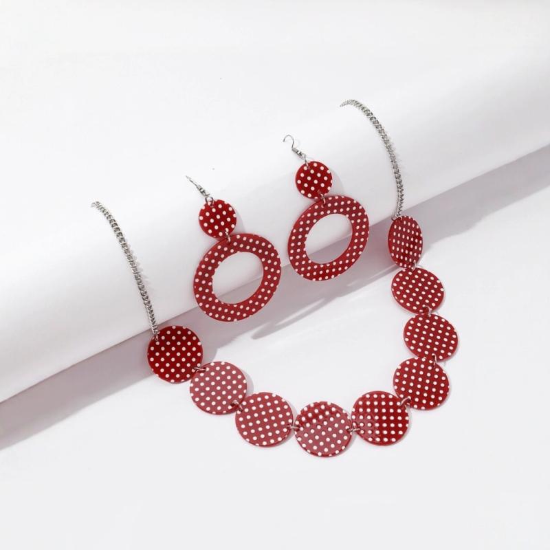 Tourmaline - イヤリング アクセサリー 女性用 黒白 赤白 ポルカドット ジオメトリック 丸型 個性的 ファッション 復古 ネックレス セット 軽量 日常使い 金属フリー シンプル モダン