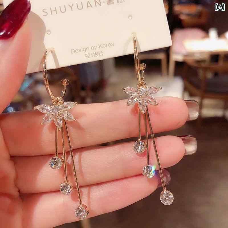 Yellow - イヤリング フラワーモチーフ タッセル 韓国 かわいい 女性用 925シルバー ファッション 軽量 揺れるデザイン 春夏 ピンク系 ゴールド系 シンプル アクセサリー 日常使い 華奢 トレンド キラキラ 細工