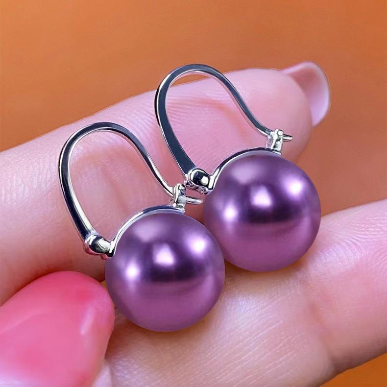 イヤリング 14mm 深紫 貝殻 パール 土豪金 ゴールド 女性 耳飾り 茶壺 デザイン 豪華 アクセサリー ファッション ジュエリー 光沢 装飾品