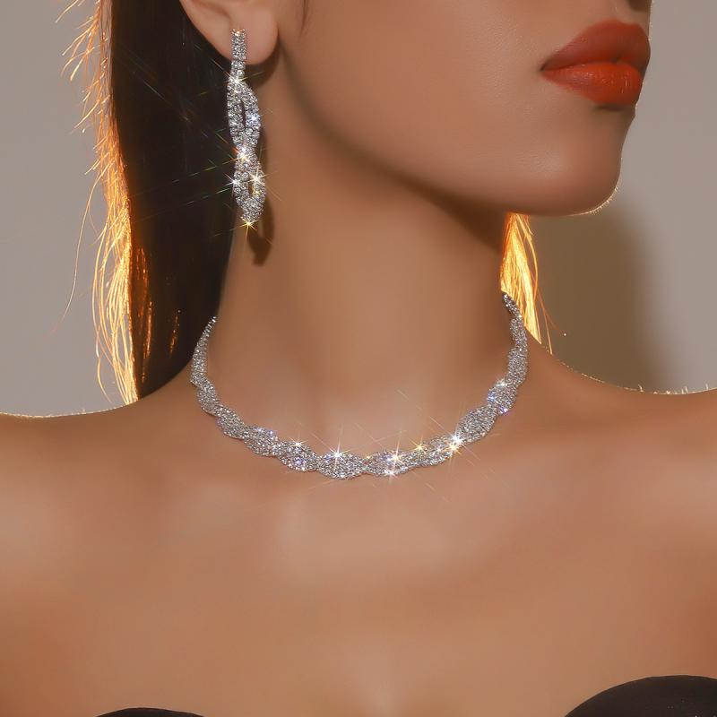 ネックレス イヤリング セット 女性用 豪華 フラッシュ ラインストーン ファッション 気質 アクセサリー ジュエリー キラキラ 輝き 華やか 装飾 2点セット 光沢 スタイリッシュ 日常使い 華奢 デザイン シルバー ゴールド ベーシック ギフト 人気