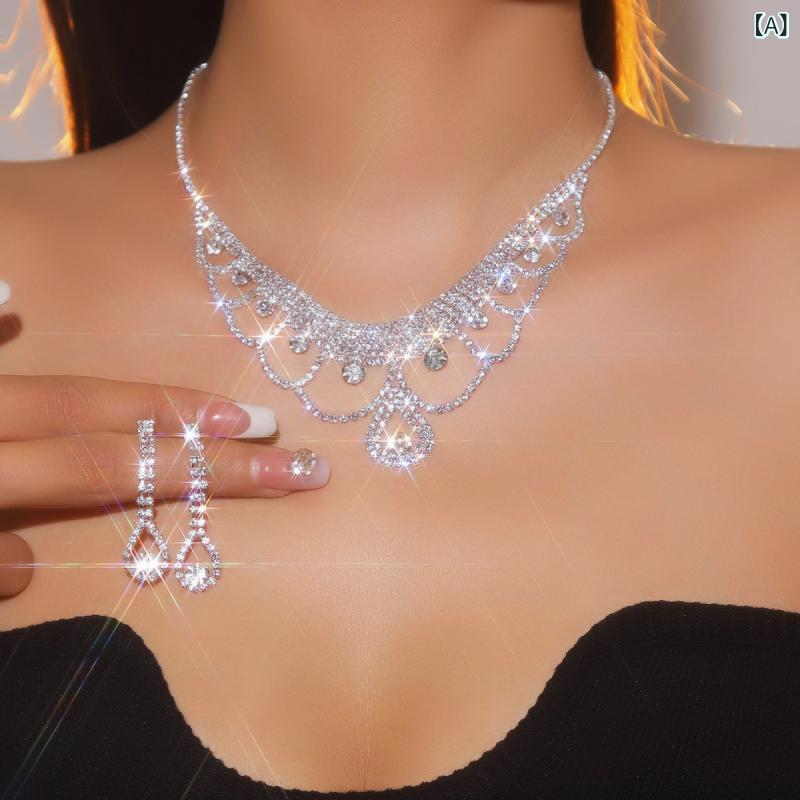 Ladies' Jewelry Set: Luxurious, Sparkling Crystal Necklace and Earrings Set. Bride's Accessories, Earrings, Copper, Elegant Design, Formal Accessories for Women, Sparkling Decoration Set, Suitable for Weddings, Shiny Material, Luxurious Style, Sparkling Jewelry.