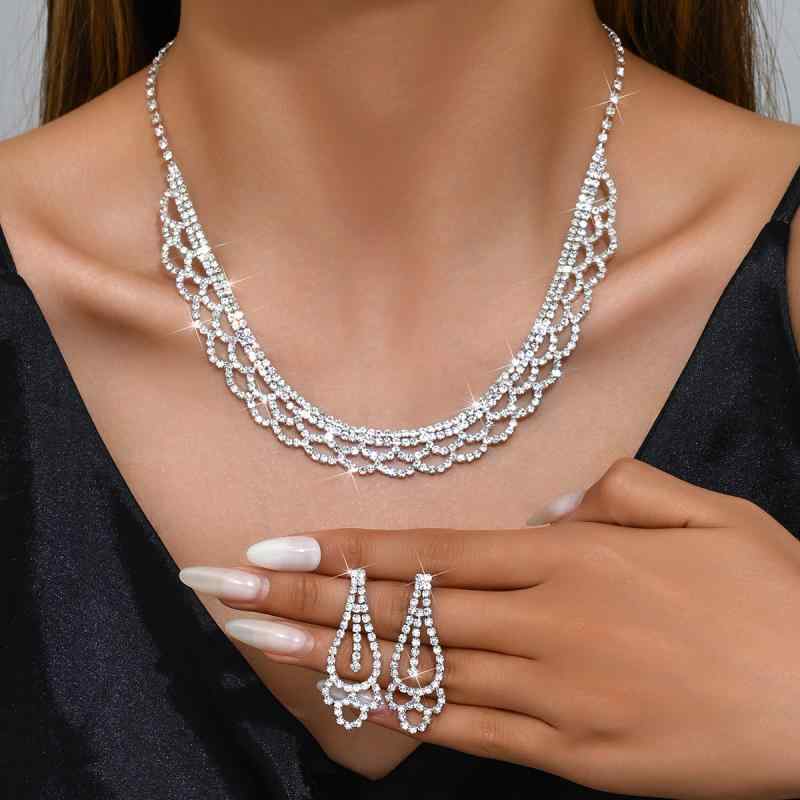 Wedding Jewelry Set: Floral Pattern, Fully Sparkling Earrings, Necklace Set, Wedding, Bride, Accessories, Elegant, Gold Plated, Women's, Everyday Wear, Gift, Lightweight, Simple Style
