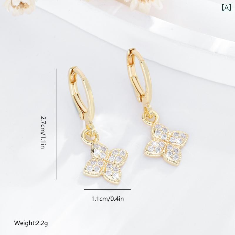 Cubic Zirconia - イヤリング 女性用 銅 ゴールドメッキ ジルコニア 装飾 四つ葉 花びら デザイン シンプル 普段使い 華奢 揺れる アクセサリー シルバー ゴールド カラー 軽量 ファッション ジュエリー ハンドメイド