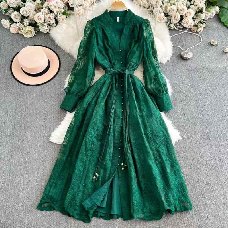 乐天商城 - ワンピース レディース 春夏 収腰 刺繍 Vネック 灯籠袖 シングルボタン ロング 海外輸入 女性用 ドレス コットン 混紡 軽量 伸縮性 ハイウエスト ビッグシルエット 花柄刺繍 フレアスカート ブラック ピンク系 アイボリー 通勤用 普段使い フェミ