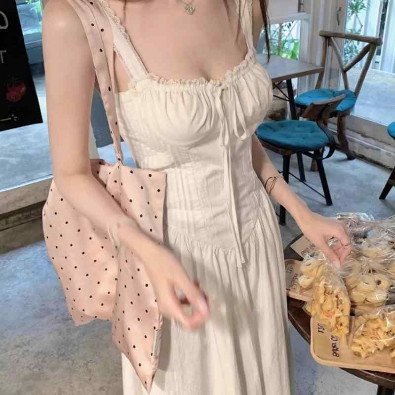 Rakuten - ワンピース 女性用 春夏 白色 レース 花柄 吊り下げ キャミソール コットン 麻 軽量 伸縮性 接触冷感 吸湿速乾 収腰 スリム ハイウエスト ロング丈 フレンチ かわいい スイート ティータイム 普段使い 通勤用 カジュアル ビッグシルエット Vネッ